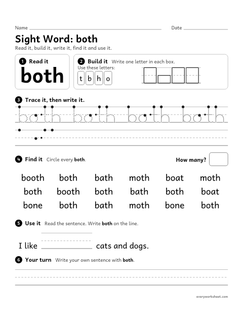 Preview of the printable “2nd grade sight Word: both” worksheet: reading, building, writing and finding the sight word "both"