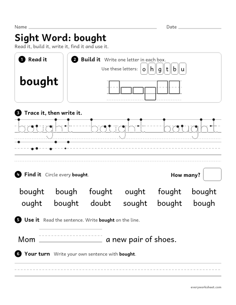 Preview of the printable “3rd grade sight Word: bought” worksheet: reading, spelling, writing and finding the sight word "bought"