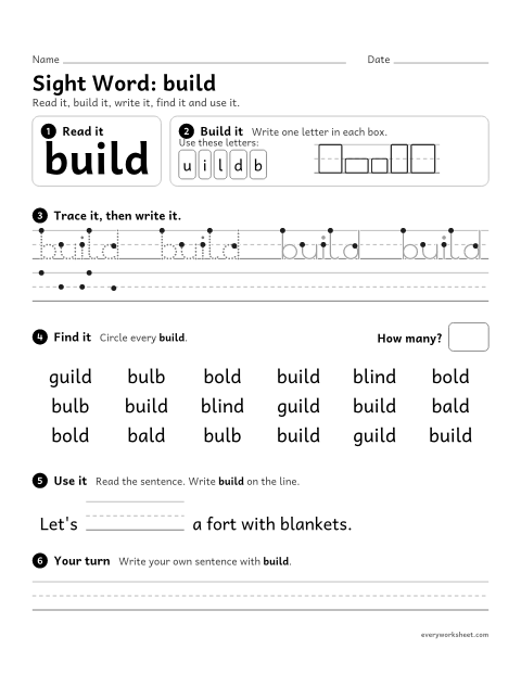 Preview of the printable “3rd grade sight Word: build” worksheet: reading, spelling, writing and finding the sight word "build"