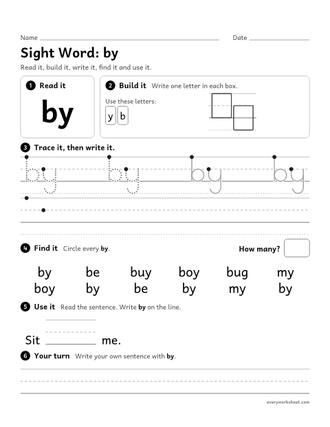 Preview of the printable “1st grade sight Word: by” worksheet: reading, building, writing and finding the sight word "by"