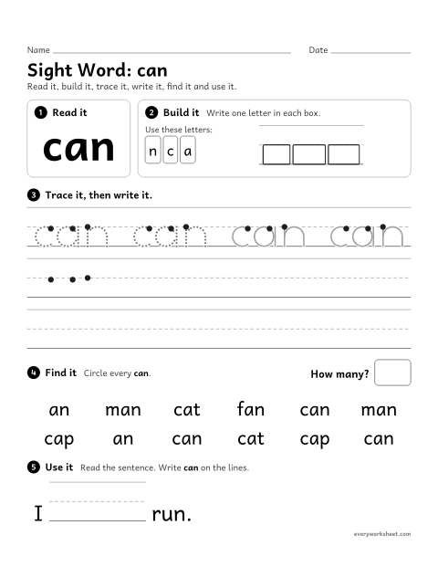 Preview of the printable “Sight Word: can” worksheet: reading and writing the sight word "can"