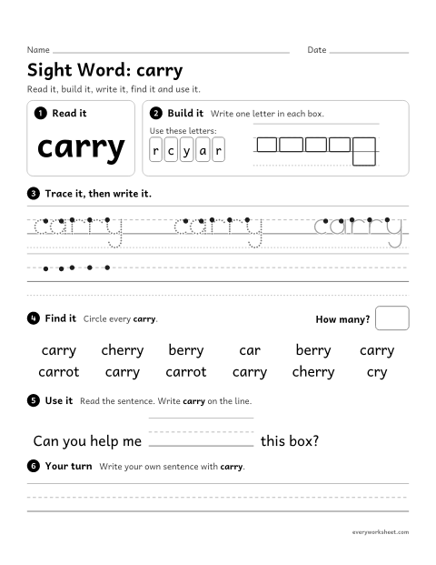 Preview of the printable “2nd grade sight Word: carry” worksheet: reading, building, writing and finding the sight word "carry"