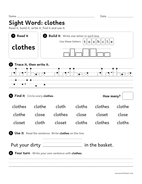 Preview of the printable “3rd grade sight Word: clothes” worksheet: reading, spelling, writing and finding the sight word "clothes"