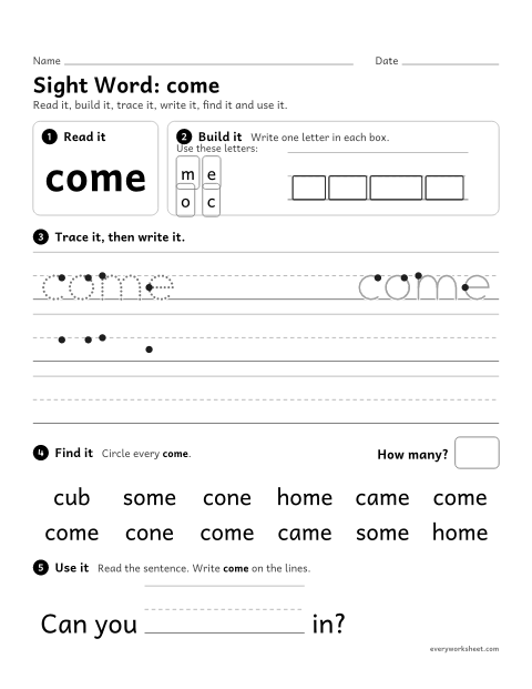 Preview of the printable “Sight Word: come” worksheet: reading and writing the sight word "come"