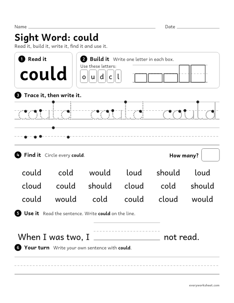Preview of the printable “1st grade sight Word: could” worksheet: reading, building, writing and finding the sight word "could"