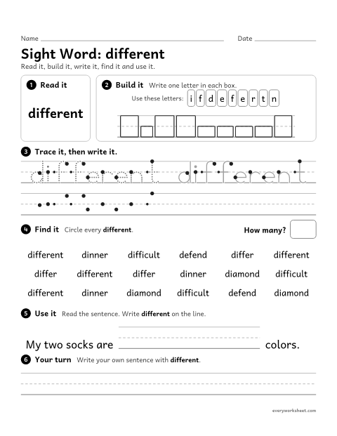 Preview of the printable “2nd grade sight Word: different” worksheet: reading, building, writing and finding the sight word "different"