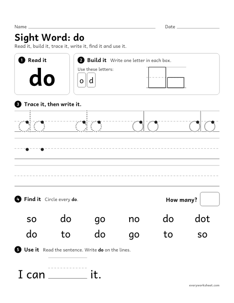 Preview of the printable “Sight Word: do” worksheet: reading and writing the sight word "do"