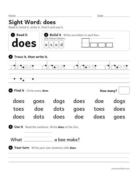 Preview of the printable “2nd grade sight Word: does” worksheet: reading, building, writing and finding the sight word "does"