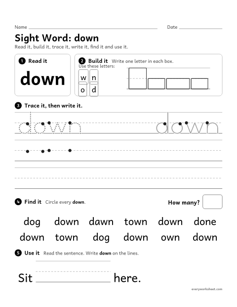 Preview of the printable “Sight Word: down” worksheet: reading and writing the sight word "down"