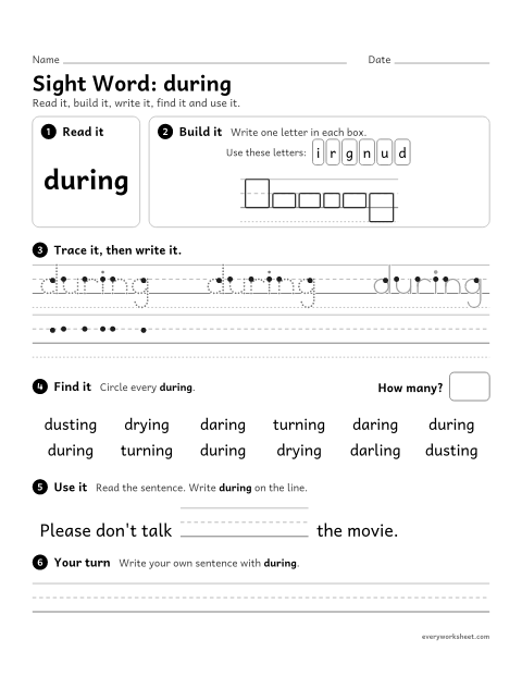 Preview of the printable “3rd grade sight Word: during” worksheet: reading, spelling, writing and finding the sight word "during"