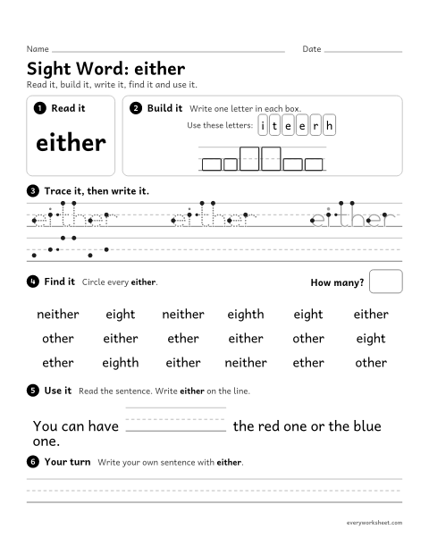 Preview of the printable “3rd grade sight Word: either” worksheet: reading, spelling, writing and finding the sight word "either"