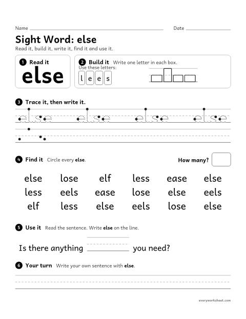 Preview of the printable “3rd grade sight Word: else” worksheet: reading, spelling, writing and finding the sight word "else"