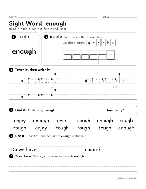 Preview of the printable “2nd grade sight Word: enough” worksheet: reading, building, writing and finding the sight word "enough"