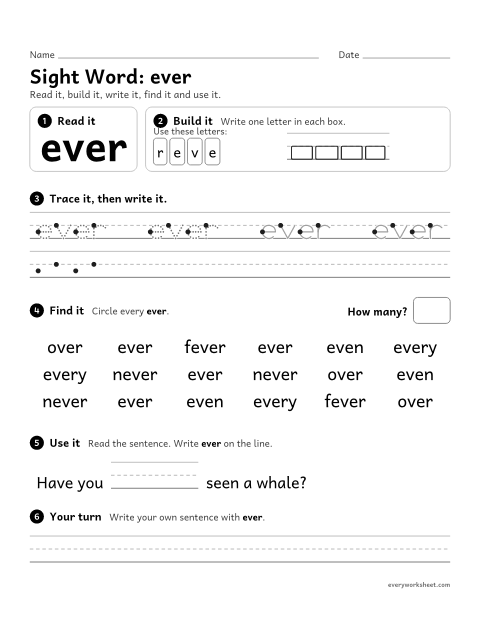 Preview of the printable “3rd grade sight Word: ever” worksheet: reading, spelling, writing and finding the sight word "ever"