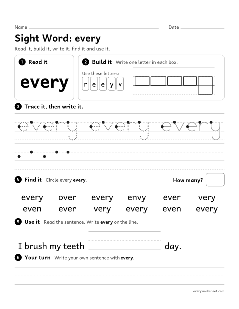 Preview of the printable “1st grade sight Word: every” worksheet: reading, building, writing and finding the sight word "every"