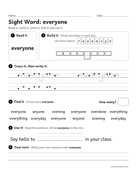 Preview of the printable “3rd grade sight Word: everyone” worksheet: reading, spelling, writing and finding the sight word "everyone"