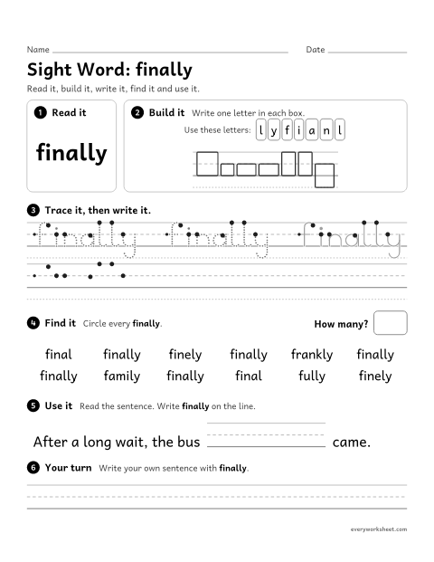 Preview of the printable “3rd grade sight Word: finally” worksheet: reading, spelling, writing and finding the sight word "finally"