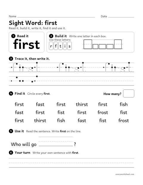 Preview of the printable “2nd grade sight Word: first” worksheet: reading, building, writing and finding the sight word "first"