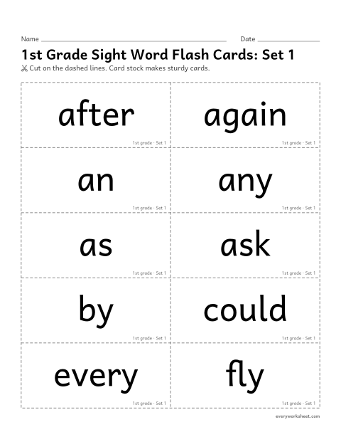 Preview of the printable “1st grade sight word flash Cards: set 1” worksheet: reading next-step sight words for 1st grade, with sentence backs