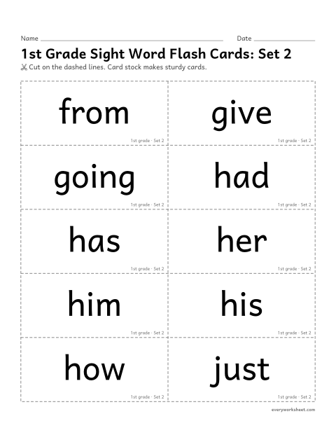 Preview of the printable “1st grade sight word flash Cards: set 2” worksheet: reading next-step sight words for 1st grade, with sentence backs