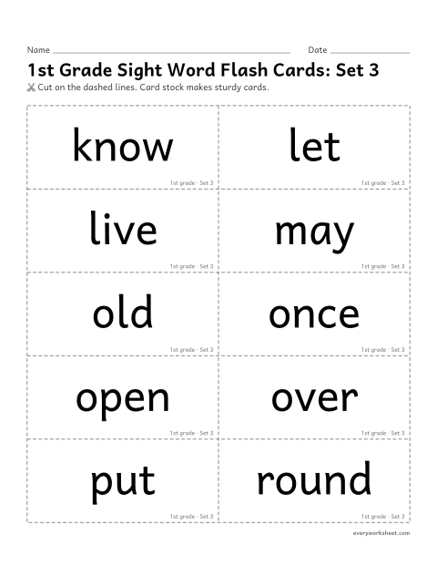 Preview of the printable “1st grade sight word flash Cards: set 3” worksheet: reading next-step sight words for 1st grade, with sentence backs