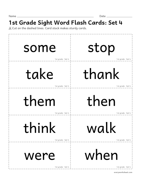 Preview of the printable “1st grade sight word flash Cards: set 4” worksheet: reading next-step sight words for 1st grade, with sentence backs
