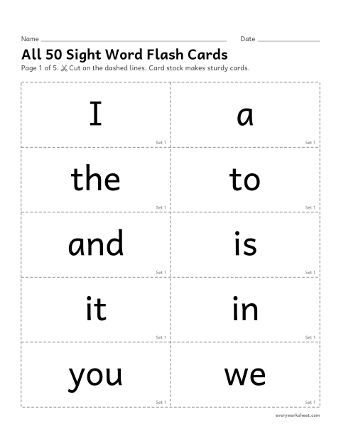 Preview of the printable “All 50 sight word flash cards” worksheet: reading all 50 kindergarten sight words on flash cards