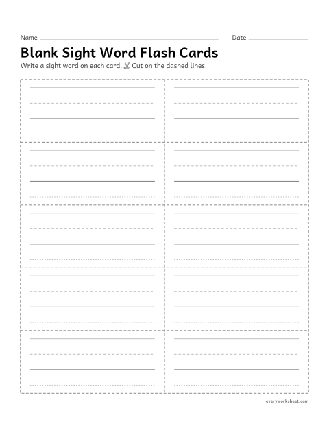Preview of the printable “Blank sight word flash cards” worksheet: writing sight words to make your own flash cards
