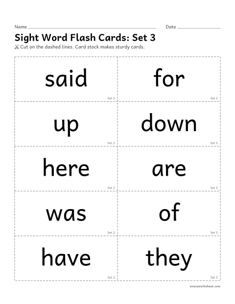 Preview of the printable “Sight word flash Cards: set 3” worksheet: reading sight words 21-30 on flash cards, with sentence backs