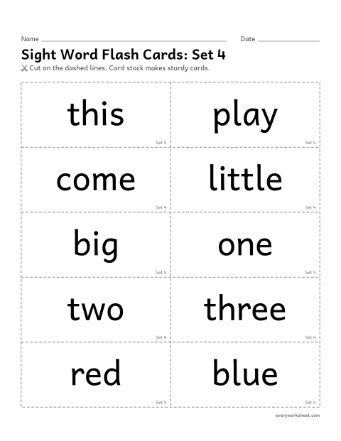 Preview of the printable “Sight word flash Cards: set 4” worksheet: reading sight words 31-40 on flash cards, with sentence backs