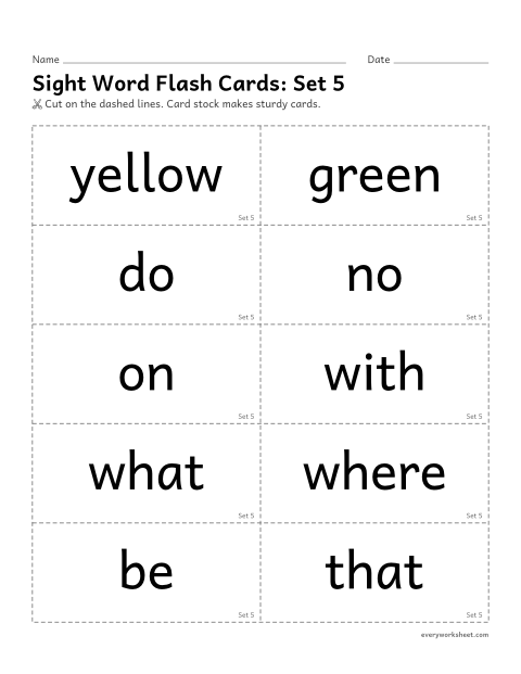 Preview of the printable “Sight word flash Cards: set 5” worksheet: reading sight words 41-50 on flash cards, with sentence backs