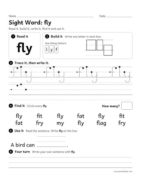 Preview of the printable “1st grade sight Word: fly” worksheet: reading, building, writing and finding the sight word "fly"