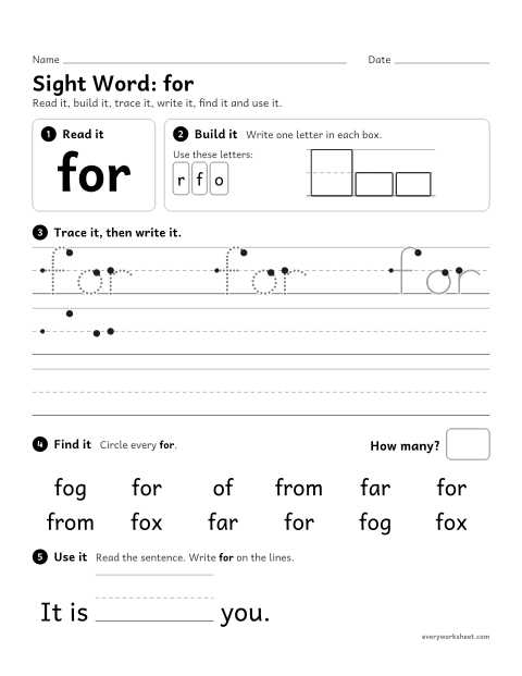 Preview of the printable “Sight Word: for” worksheet: reading and writing the sight word "for"