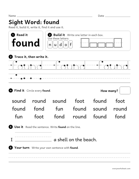 Preview of the printable “2nd grade sight Word: found” worksheet: reading, building, writing and finding the sight word "found"