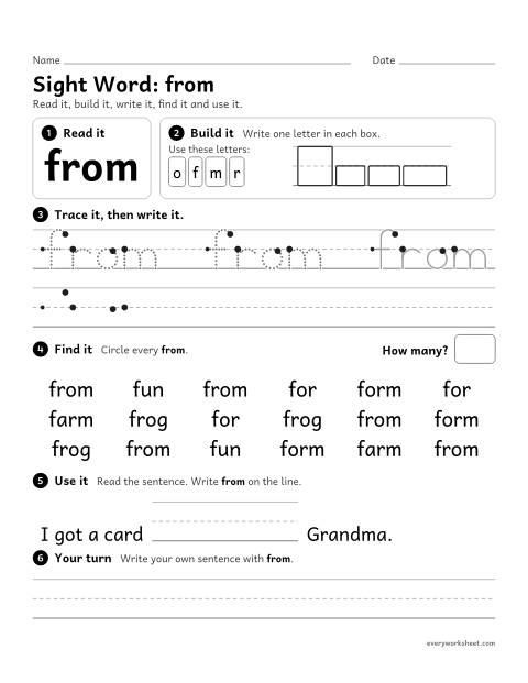 Preview of the printable “1st grade sight Word: from” worksheet: reading, building, writing and finding the sight word "from"