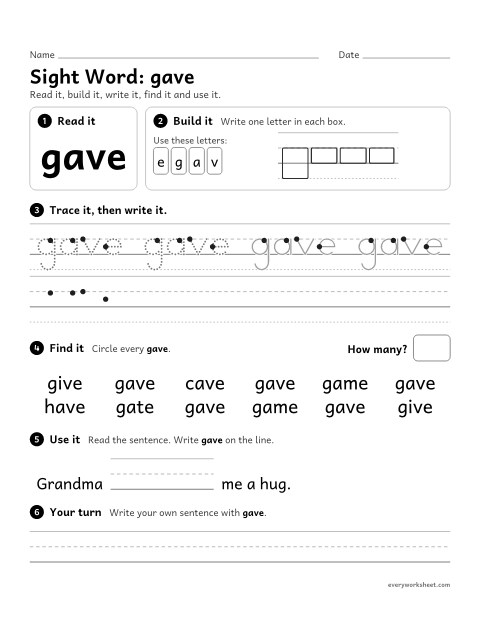 Preview of the printable “2nd grade sight Word: gave” worksheet: reading, building, writing and finding the sight word "gave"