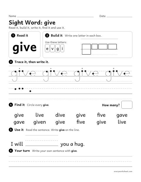 Preview of the printable “1st grade sight Word: give” worksheet: reading, building, writing and finding the sight word "give"