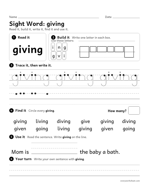 Preview of the printable “1st grade sight Word: giving” worksheet: reading, building, writing and finding the sight word "giving"