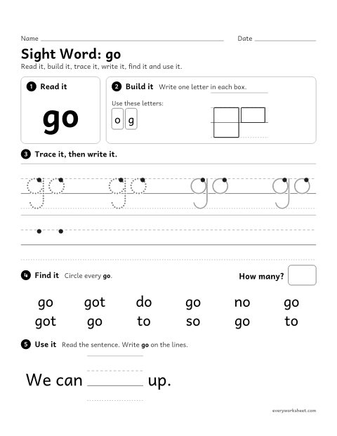 Preview of the printable “Sight Word: go” worksheet: reading and writing the sight word "go"
