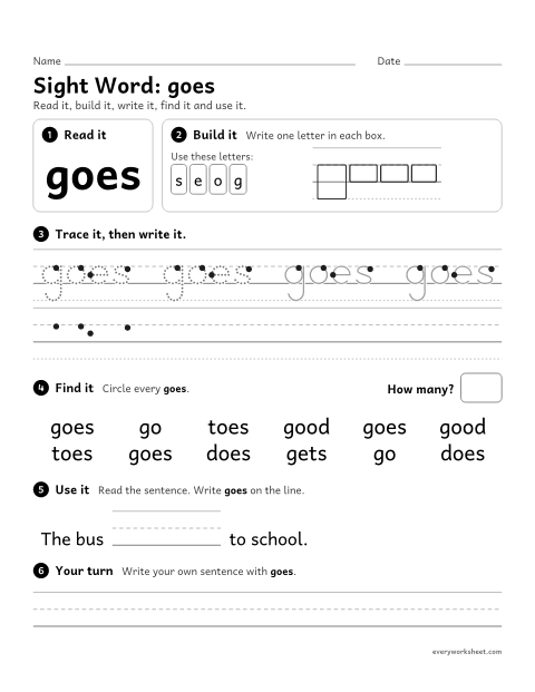 Preview of the printable “2nd grade sight Word: goes” worksheet: reading, building, writing and finding the sight word "goes"