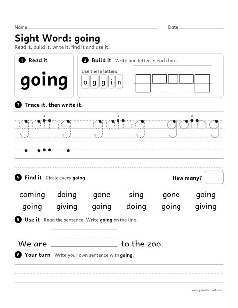 Preview of the printable “1st grade sight Word: going” worksheet: reading, building, writing and finding the sight word "going"
