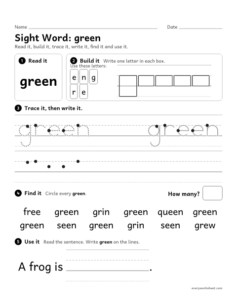 Preview of the printable “Sight Word: green” worksheet: reading and writing the sight word "green"