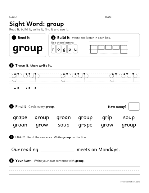 Preview of the printable “3rd grade sight Word: group” worksheet: reading, spelling, writing and finding the sight word "group"