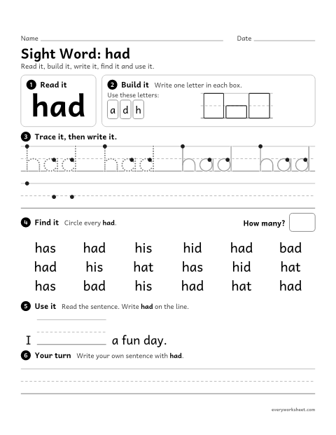 Preview of the printable “1st grade sight Word: had” worksheet: reading, building, writing and finding the sight word "had"