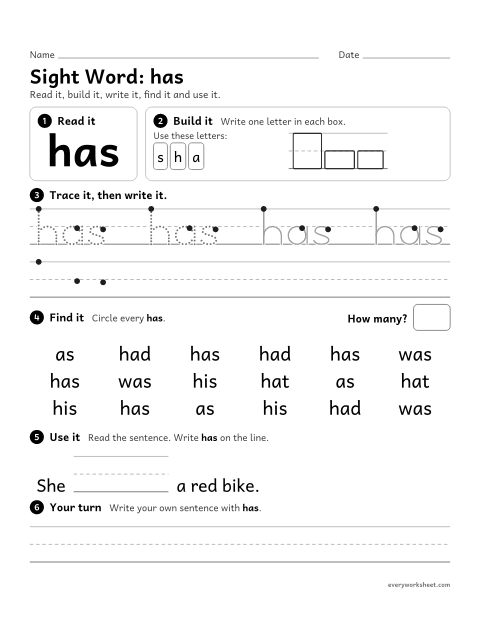 Preview of the printable “1st grade sight Word: has” worksheet: reading, building, writing and finding the sight word "has"
