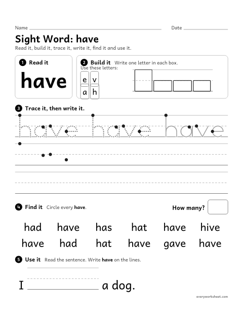 Preview of the printable “Sight Word: have” worksheet: reading and writing the sight word "have"