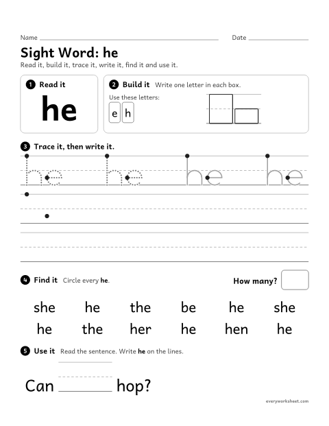 Preview of the printable “Sight Word: he” worksheet: reading and writing the sight word "he"