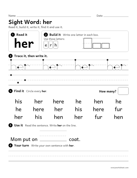 Preview of the printable “1st grade sight Word: her” worksheet: reading, building, writing and finding the sight word "her"