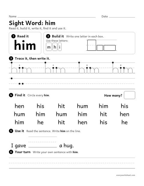 Preview of the printable “1st grade sight Word: him” worksheet: reading, building, writing and finding the sight word "him"