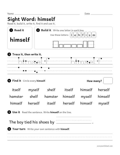 Preview of the printable “3rd grade sight Word: himself” worksheet: reading, spelling, writing and finding the sight word "himself"